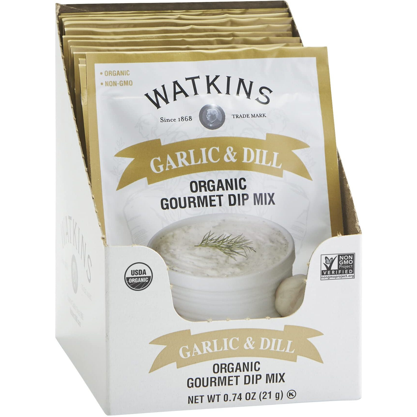 Watkins Organic Gourmet Dip Mix, Garlic & Dill, 0.74 Oz. Packets, 12-Pack