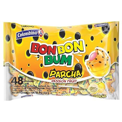 Colombina Bon Bon Bum Lollipops W/Bubble Gum Center, Passion Fruit Flavor, Individually Wrapped, Ideal For Party Favors And Gifts, 1 Pack (48 Count)