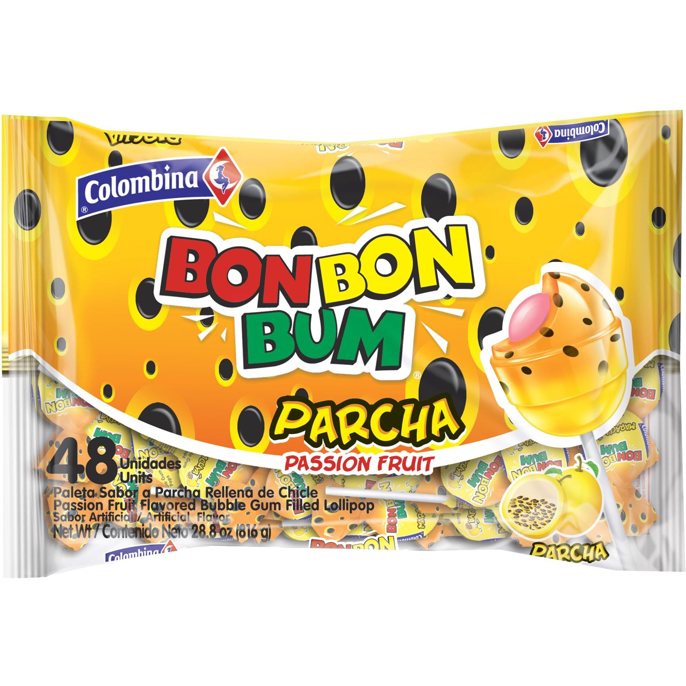Colombina Bon Bon Bum Lollipops W/Bubble Gum Center, Passion Fruit Flavor, Individually Wrapped, Ideal For Party Favors And Gifts, 1 Pack (48 Count)