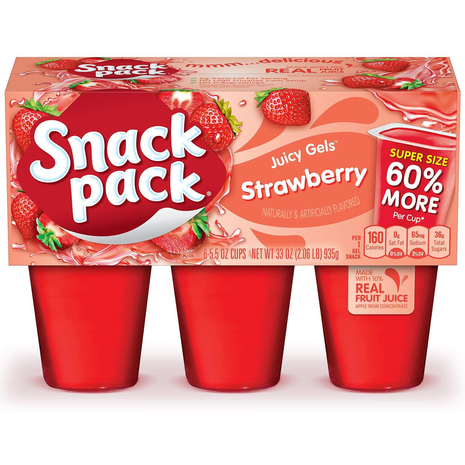 Snack Pack Strawberry Flavored Juicy Gels, Super Size, 6 Count Snack Cups (Pack Of 8)