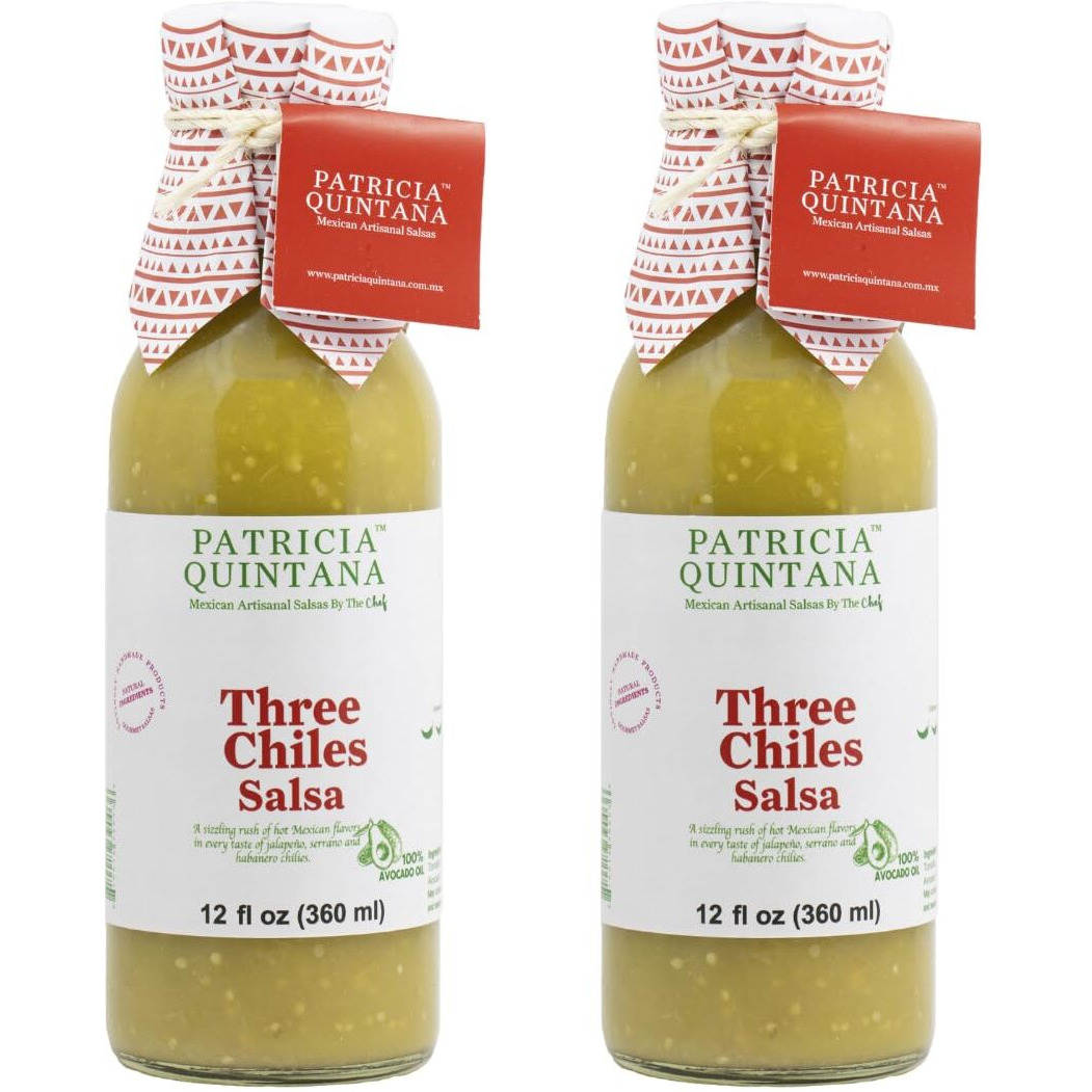 Patricia Quintana Three Chiles Salsa - Authentic Artisanal Mexican Ingredients - Perfect Topping To Your Tacos, Burritos, Enchiladas Or Other Favorite Food (12 Oz, 2 Bottles)