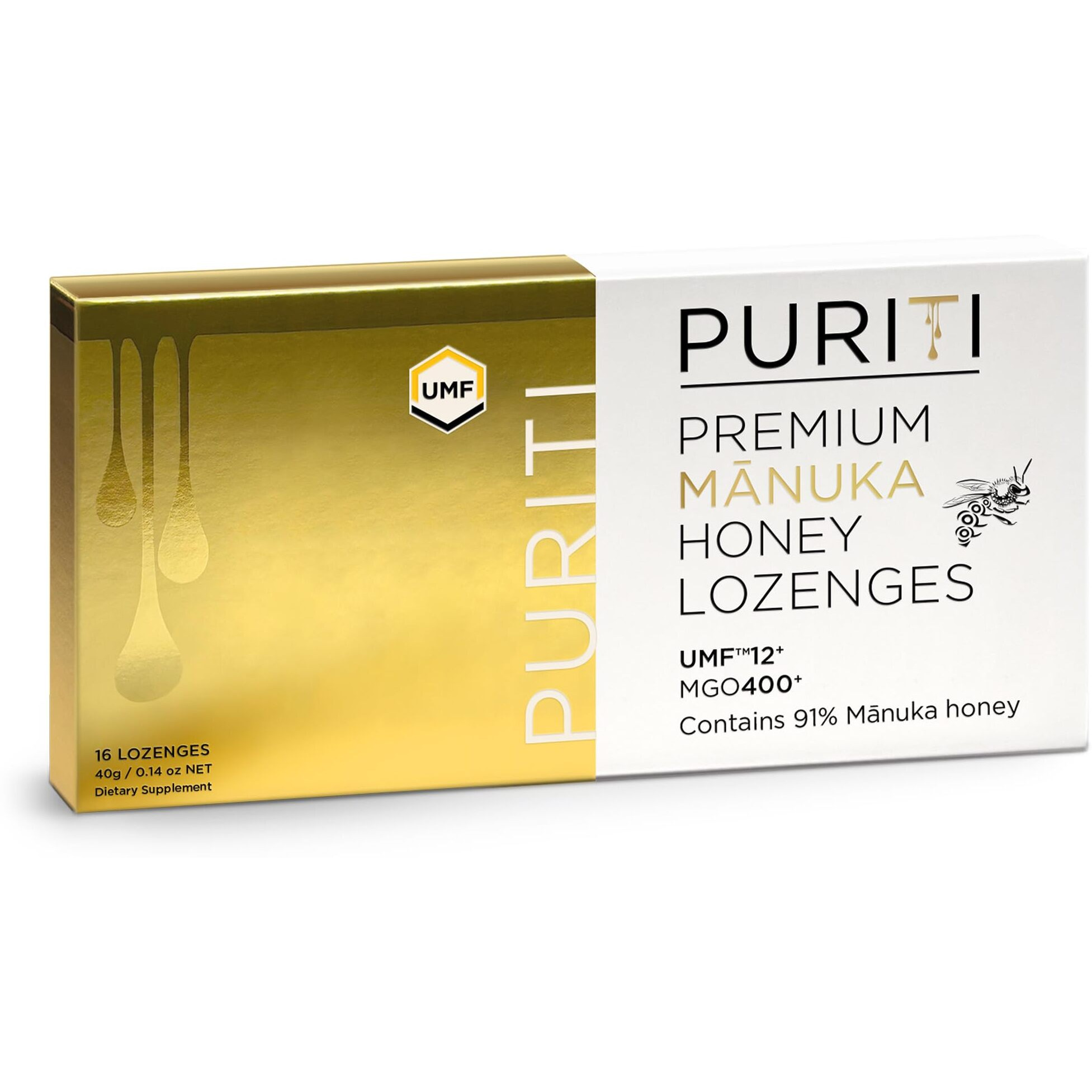 Puriti Premium Manuka Honey Lozenges High Potency - Sugar Free Drops | Genuine New Zealand Raw Manuka Honey Soothers For Coughs & Sore Throats | Umf Certified Mgo 400+ Umf12+ (16 Pack)