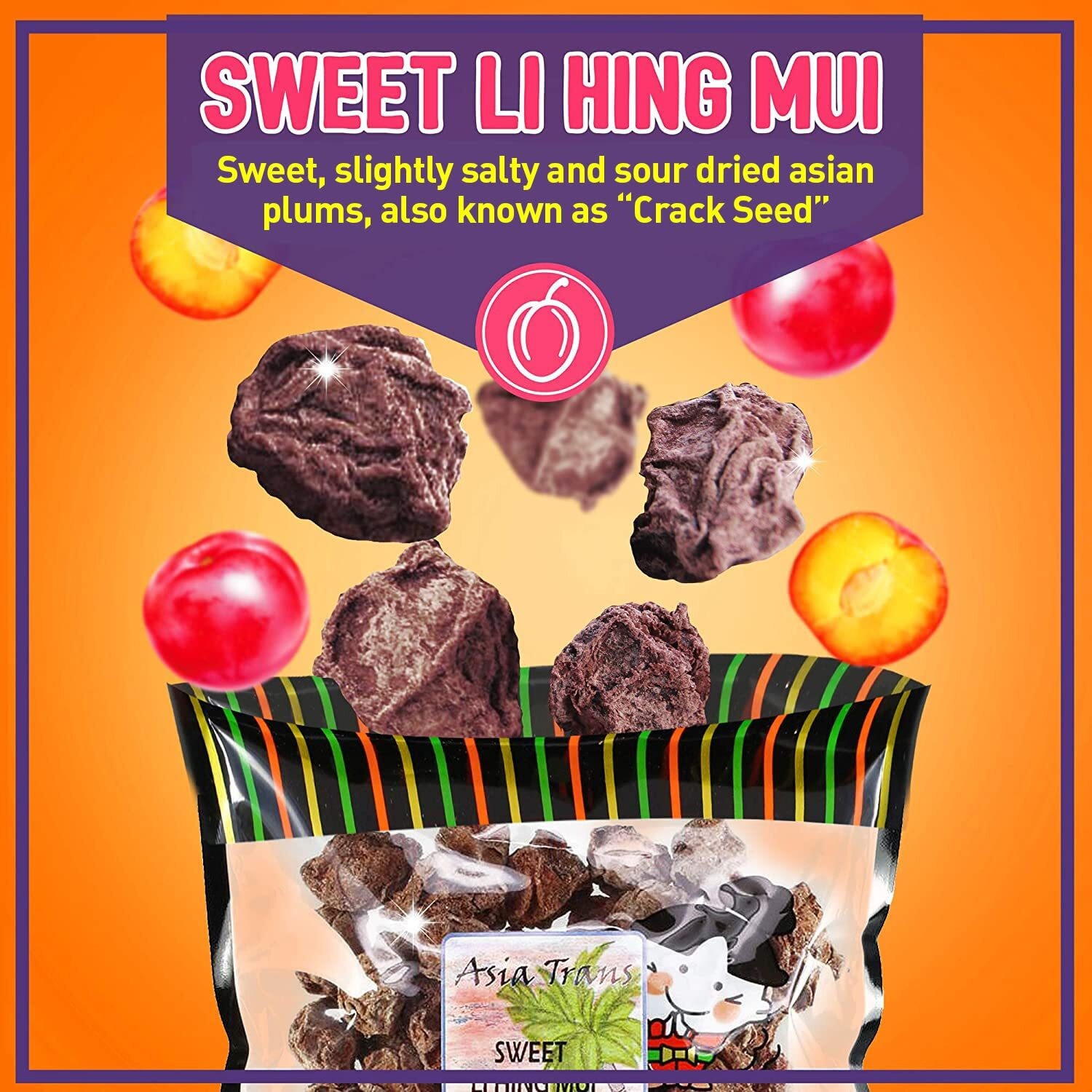 Asia Trans Sweet Seeded Li Hing Mui Crack Seed Plums | Hawaiian Favorite | Naturally Sweet Dried Asian Plum Candy | 2.25 Ounce