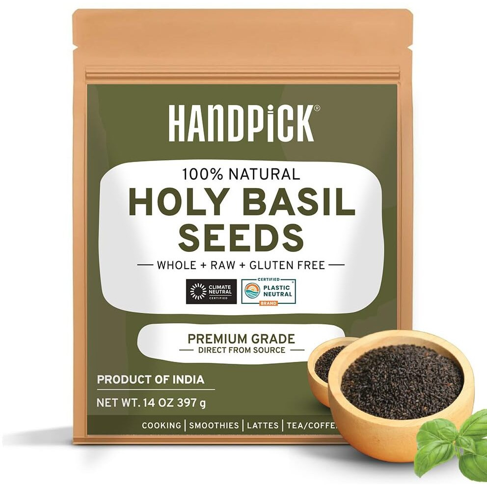 Handpick Holy Basil Seeds (397G/14Oz) Gluten Free, Raw Sabja, Tukmaria Seeds From India, Packed In Resealable Zip Lock Pouch