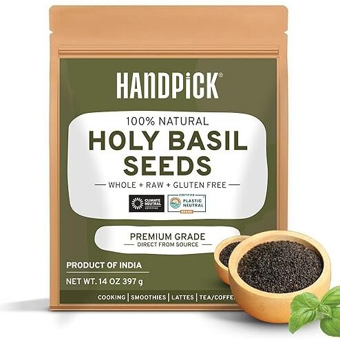 Handpick Holy Basil Seeds (397G/14Oz) Gluten Free, Raw Sabja, Tukmaria Seeds From India, Packed In Resealable Zip Lock Pouch