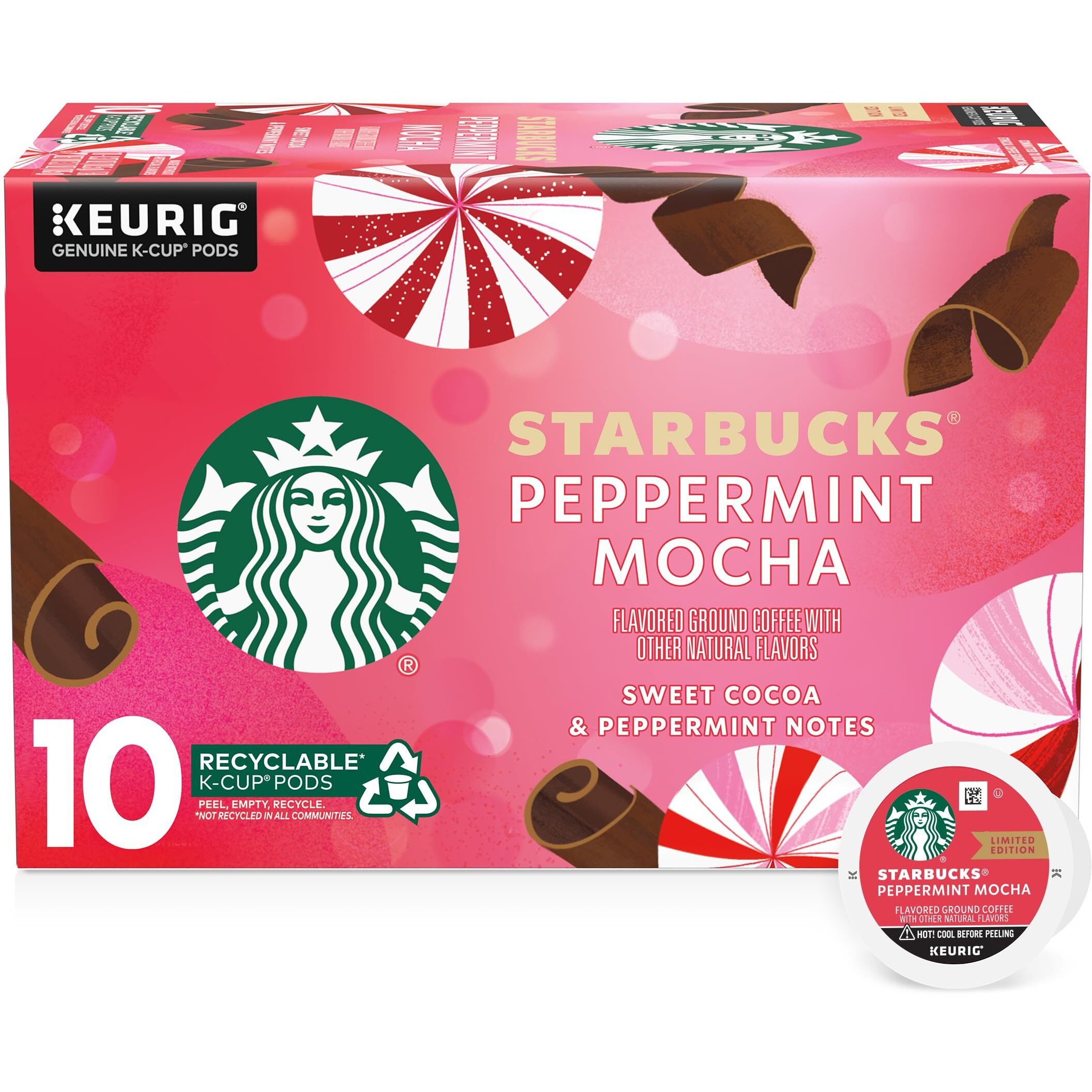 Starbucks K-Cup Coffee Pods, Peppermint Mocha Naturally Flavored Coffee For Keurig Brewers, 100% Arabica, Limited Edition Holiday Coffee, 1 Box (10 Pods)