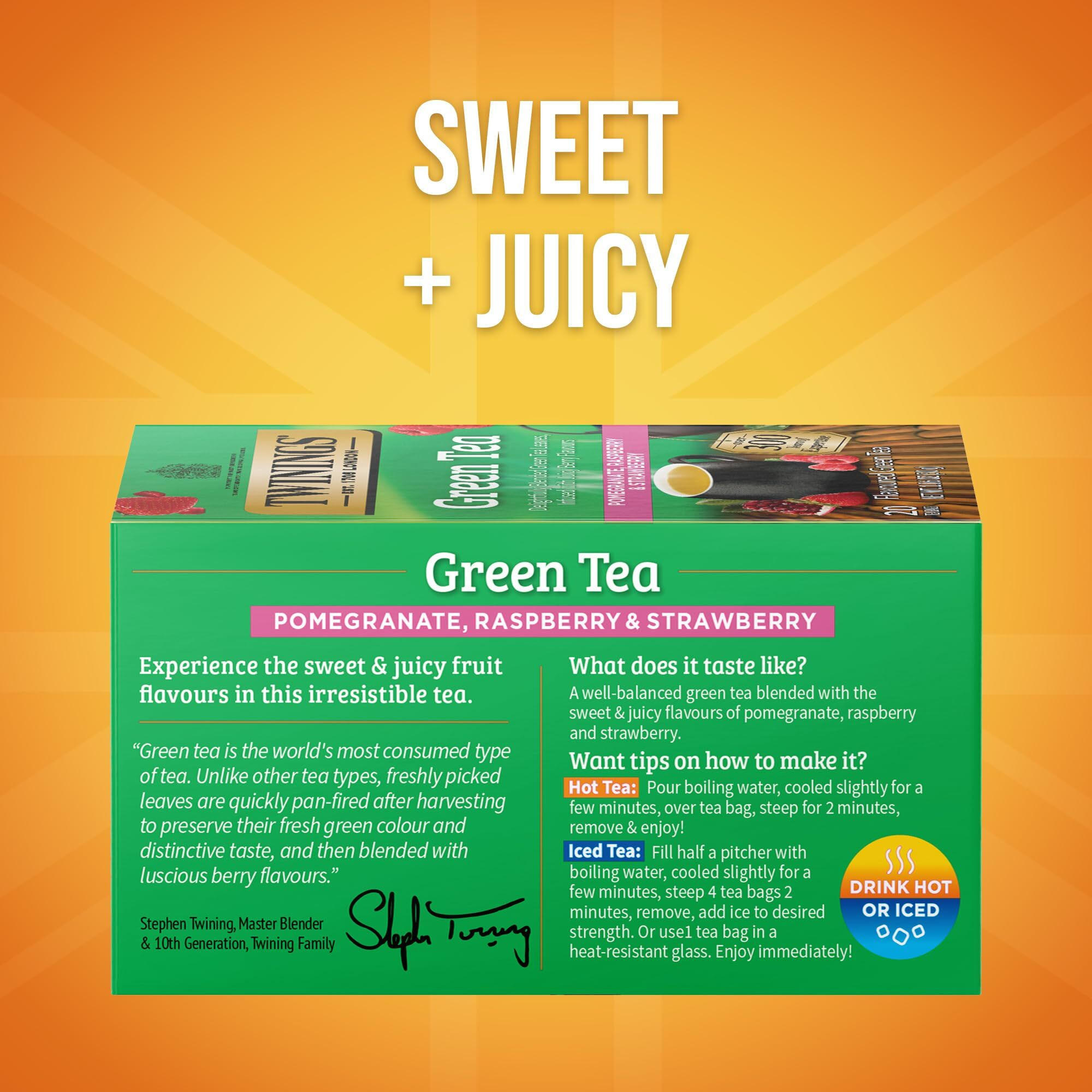 Twinings Green Tea With Pomegranate, Raspberry, & Strawberry Individually Wrapped Bags, 20 Count (Pack Of 6), Caffeinated, Enjoy Hot Or Iced, 120 Teabags