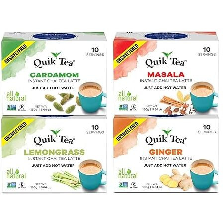 Quiktea 4 Flavors Unsweetened Variety Pack, Cardamom/Masala/Ginger/Lemongrass, 40 Oz