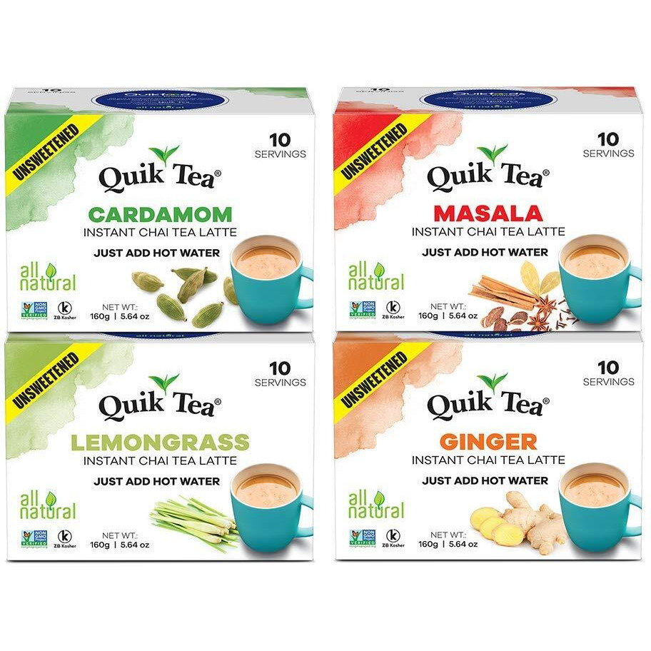 Quiktea 4 Flavors Unsweetened Variety Pack, Cardamom/Masala/Ginger/Lemongrass, 40 Oz