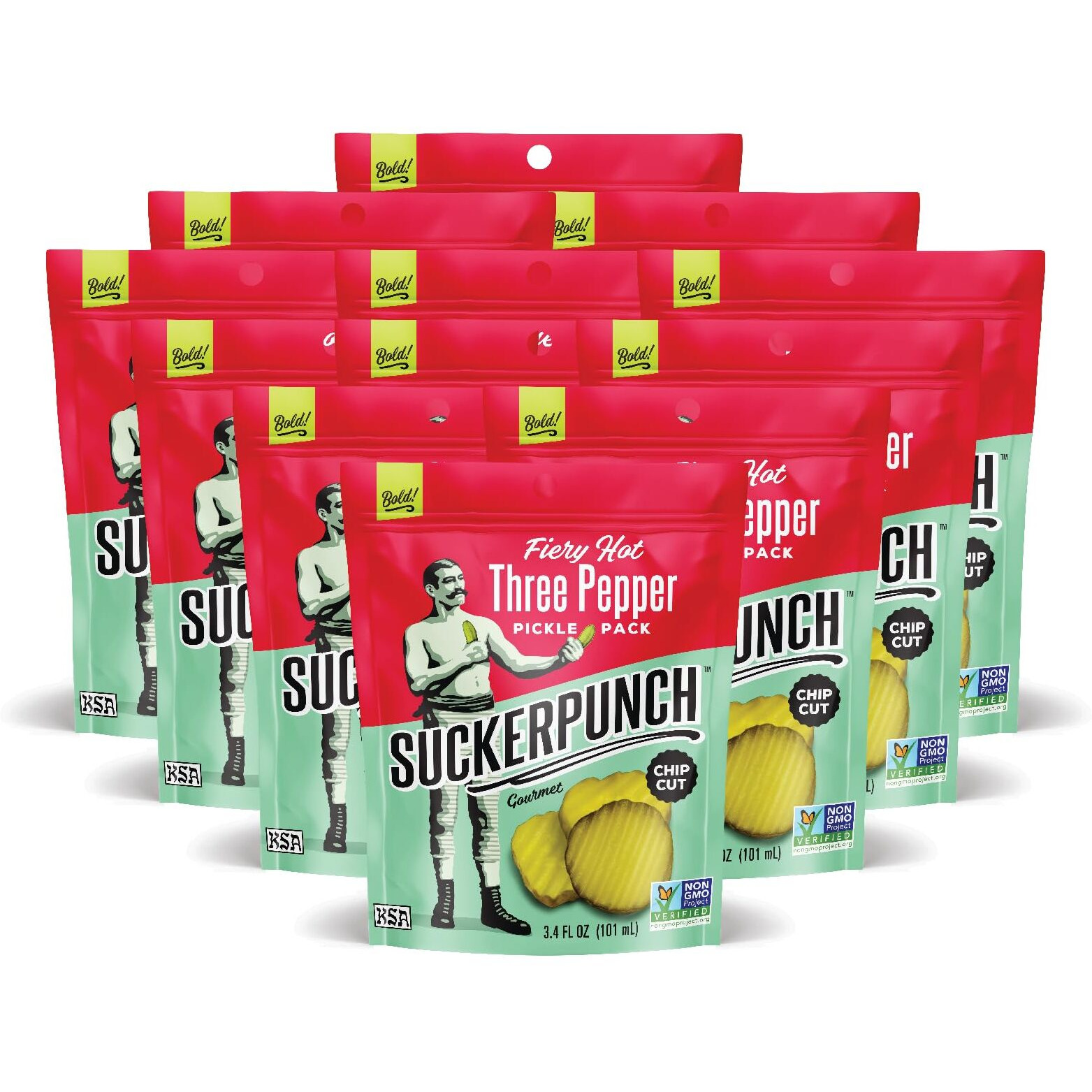 Suckerpunch Three Pepper Pickle Chips, Snack Pack, Gluten Free, Kosher, Sugar Free, Low Calorie, Low Carb, Ready To Eat, On The Go, Non Gmo, Keto Friendly, Vegan, 3.4 Oz, Single Serve Pouch, 12 Pack