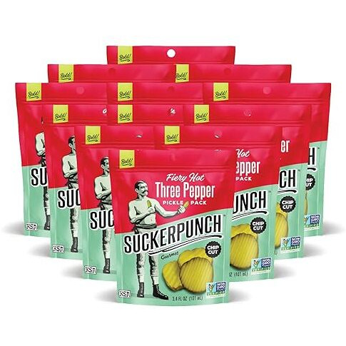 Suckerpunch Three Pepper Pickle Chips, Snack Pack, Gluten Free, Kosher, Sugar Free, Low Calorie, Low Carb, Ready To Eat, On The Go, Non Gmo, Keto Friendly, Vegan, 3.4 Oz, Single Serve Pouch, 12 Pack