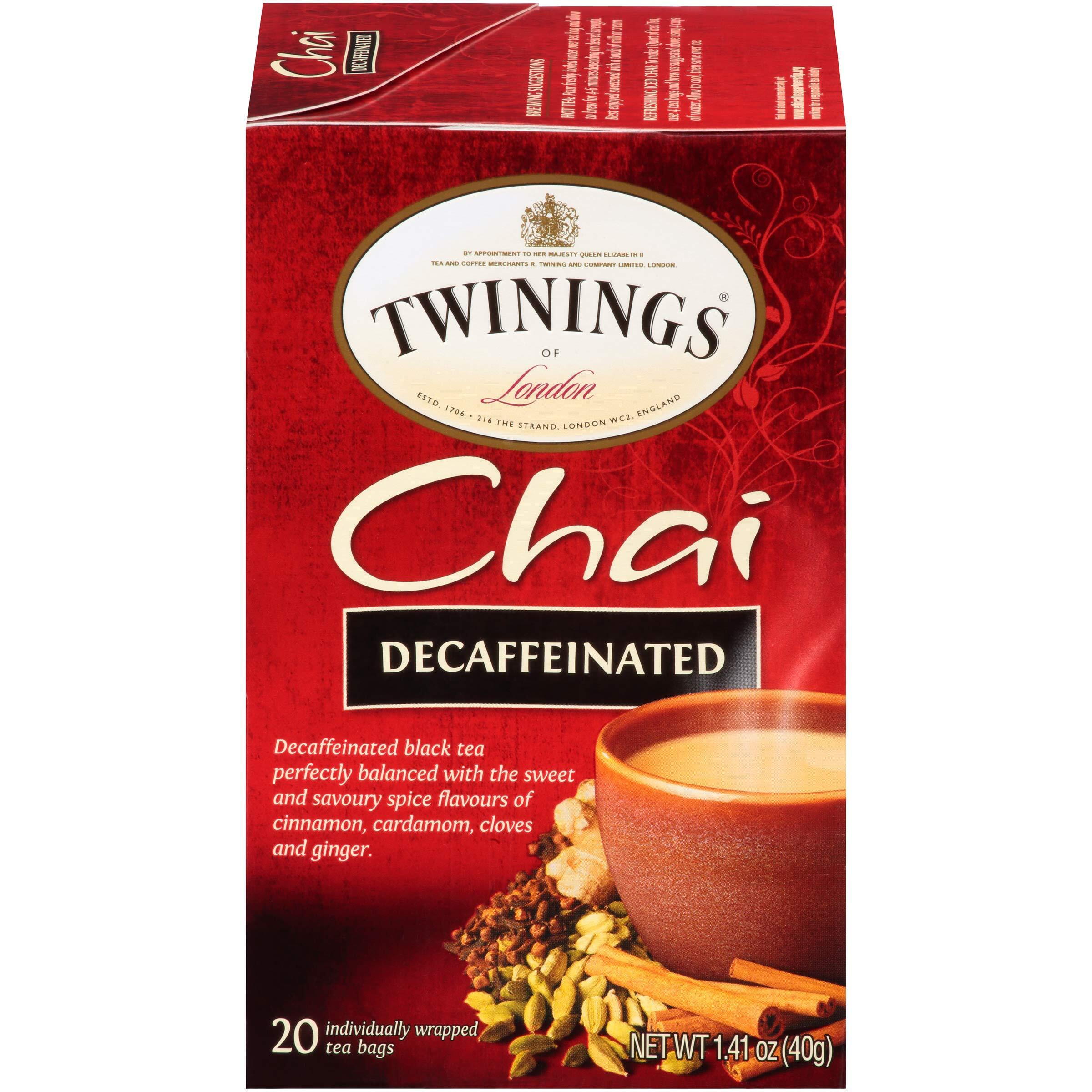 Twinings Decaffeinated Chai Individually Wrapped Black Tea Bags, 20 Count Pack Of 6, Sweet, Savoury Spices