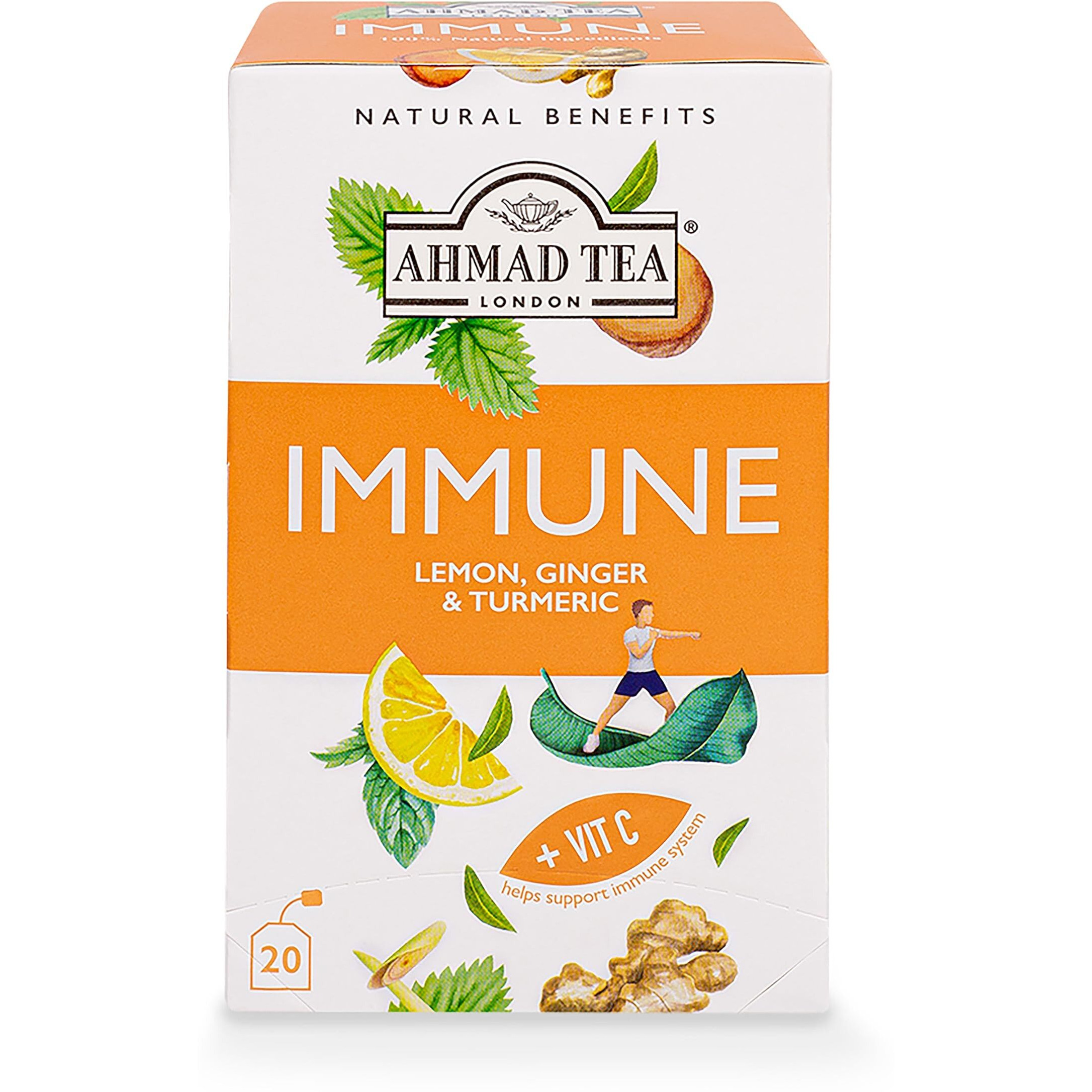 Ahmad Tea Herbal Tea, Lemon, Ginger, Turmeric, & Vitamin C 'Immune' Natural Benefits Teabags, 20 Ct (Pack Of 6) - Decaffeinated & Sugar-Free