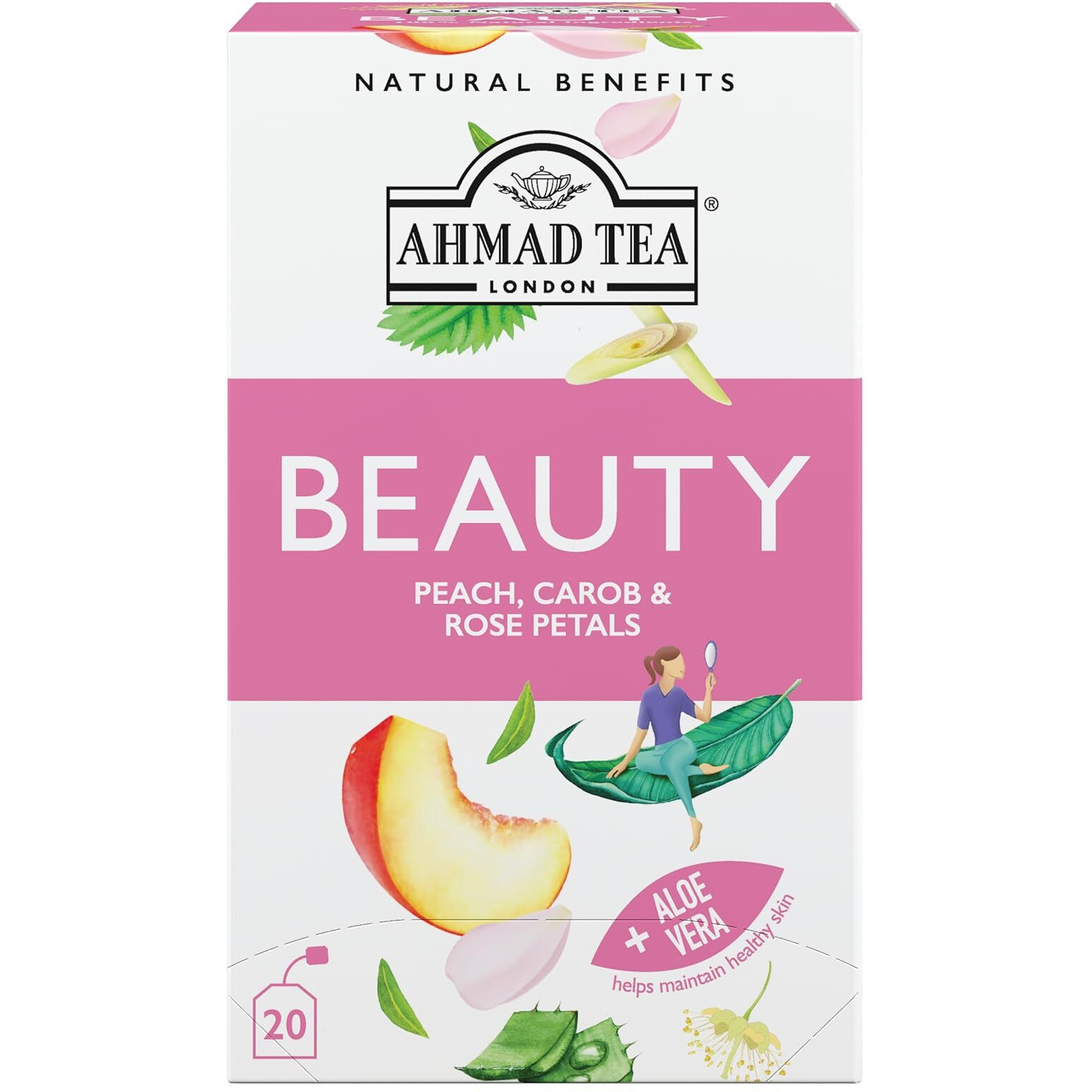 Ahmad Tea Herbal Tea, Peach, Carob, And Rose Petals 'Beauty' Natural Benefits Teabags, 20 Ct (Pack Of 6) - Decaffeinated & Sugar-Free