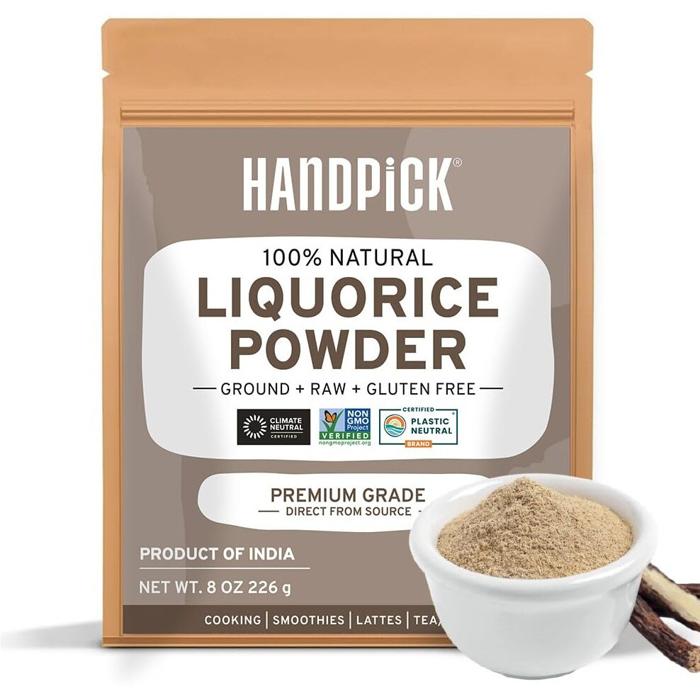 Handpick Licorice Root Powder (226G/8Oz) Non Gmo, Gluten Free, 100% Raw Ground Mulethi, Sourced From India, Glycyrrhiza Glabra, Packed In Resealable Ziplock Pouch