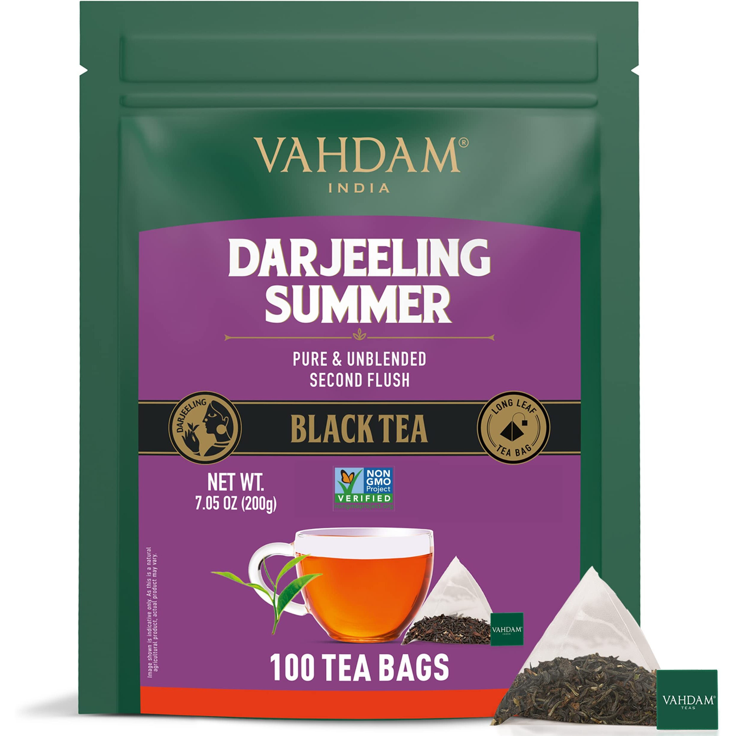 Vahdam, Darjeeling Black Tea Bags (100 Count) High Caffeine, Non Gmo, Gluten Free  Strong, Robust & Flavoury  Unblended Second Flush Darjeeling Tea Bags  Resealable Ziplock Pouch