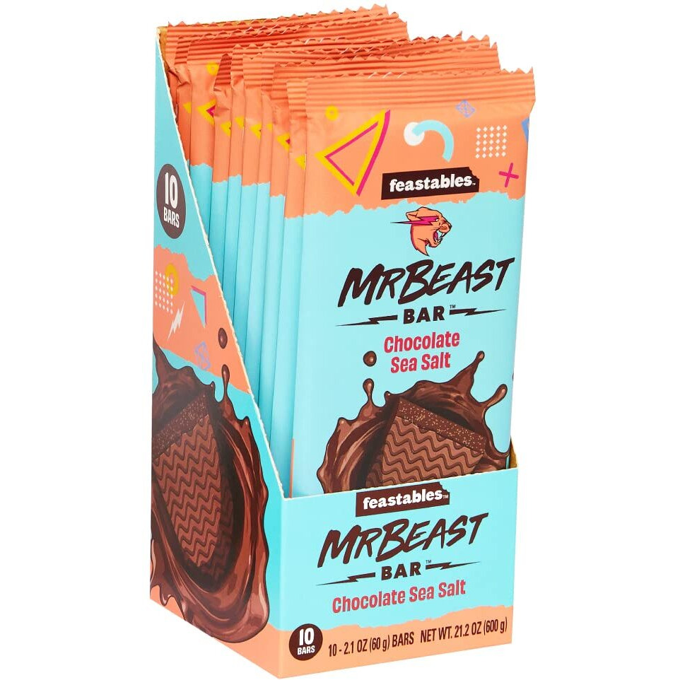 Feastables Mrbeast Chocolate Sea Salt Bars - Made With Organic Cocoa. Plant Based With Only 5 Ingredients, 10 Count