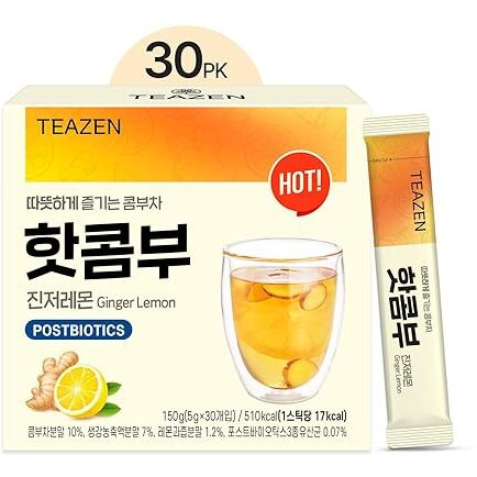 Teazen Lemon Ginger Hot Kombucha Tea, Live Probiotics & Postbiotics, Relaxation And Warmth For Colds And Sore Throat, Hydration Drink Mix, Sugar Free, 30 Sticks, 5.29Oz