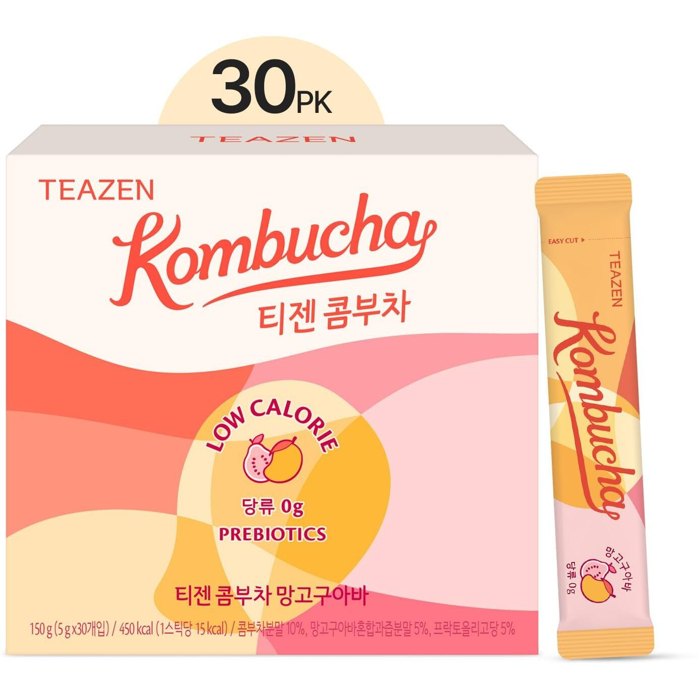 Teazen Mango Guava Kombucha Tea, Hydration Drink Mix, Sugar Free, Live Probiotics & Prebiotics, 30 Sticks, 5.29Oz