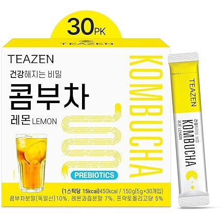Teazen Lemon Kombucha Tea, Hydration Drink Mix, Sugar Free, Live Probiotics & Prebiotics, 30 Sticks, 5.29Oz