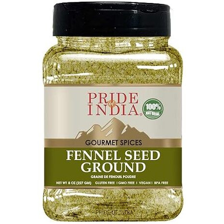 Pride Of India - Fennel Seed Ground - Natural & Gourmet Spice - Perfect Addition To Tea/Drinks/ Roast/Rubs/Bakes/ - Cooling Properties - Easy To Store - 8 Oz. Medium Dual Sifter Jar
