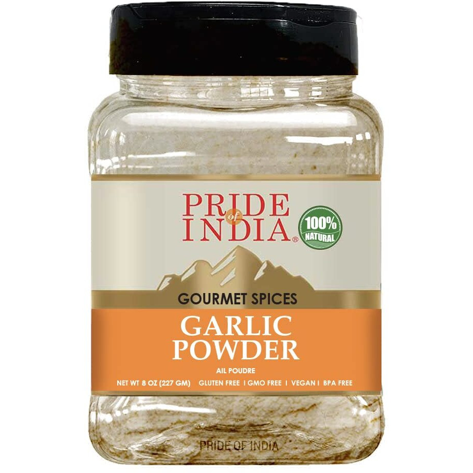 Pride Of India - Garlic Fine Ground - Gourmet & Culinary Grade - Classic Seasoning To Pasta/Sauces/Dips/Bakes - Easy To Store - 8 Oz. Medium Dual Sifter Bottle