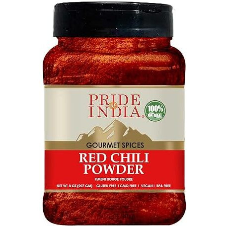 Pride Of India - Red Chili Ground - Traditional Indian Spice - Ideal For Gourmet & Savory Dishes Dishes - Gmo/Gluten Free - Easy To Store - 8Oz. Medium Dual Sifter Jar