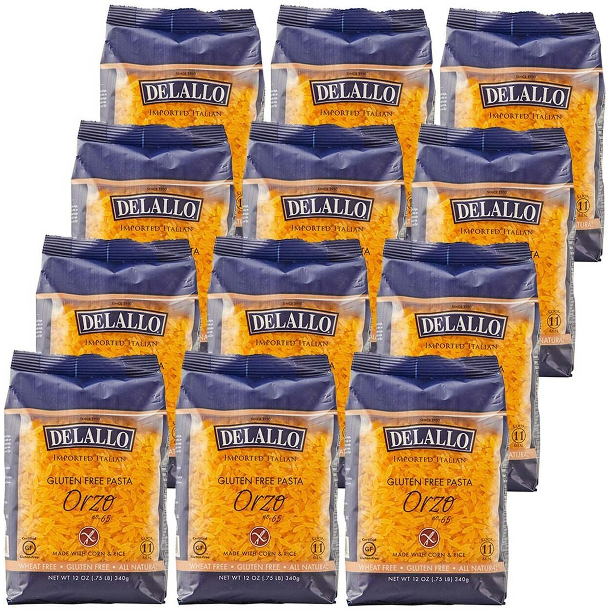 Delallo Gluten Free Orzo Pasta, Made With Corn & Rice, Wheat Free, 12Oz Bag, 12-Pack