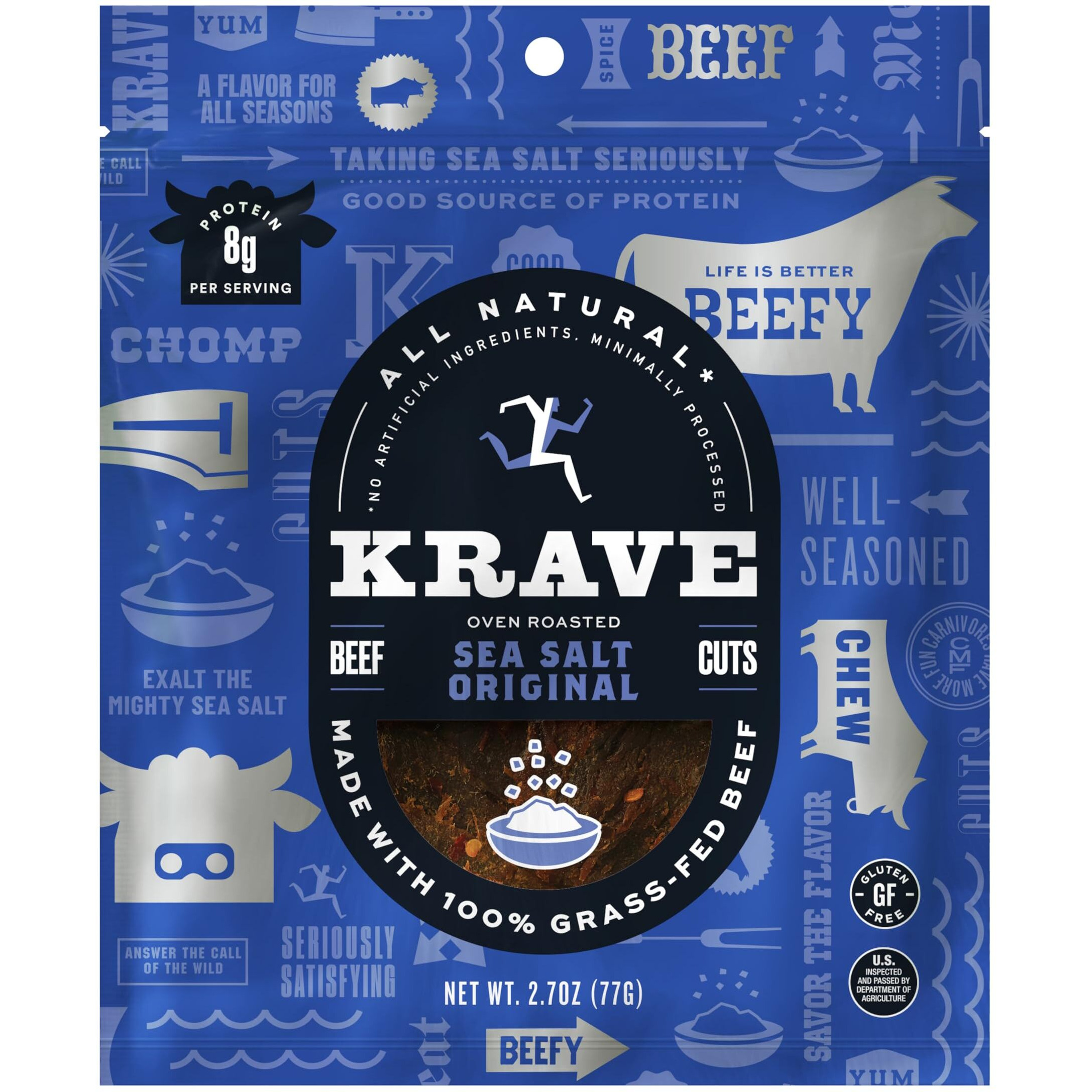 Krave All Natural Beef Jerky, Sea Salt - Protein Packed Snacks Roasted For Maximum Flavor - 100% Grass Fed Beef - Gluten Free - 2.7 Ounce
