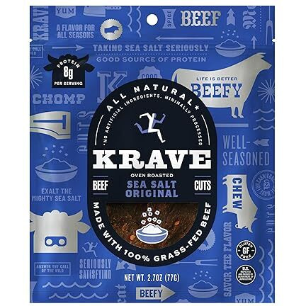 Krave All Natural Beef Jerky, Sea Salt - Protein Packed Snacks Roasted For Maximum Flavor - 100% Grass Fed Beef - Gluten Free - 2.7 Ounce