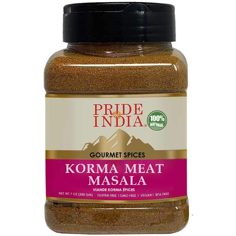 Pride Of India - Korma Meat Masala Mix - Ideal For Traditional Meat/Lamb Curry - Gourmet & Flavorful - Seasoning Spice Blend - 7 Oz. Medium Dual Sifter Jar