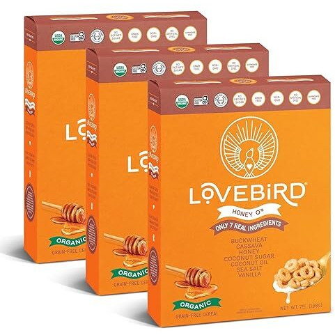 Lovebird Organic Gluten Free Cereal, Honey Flavor - Prebiotic Fiber, Gut Health, Low Sugar, Grain Free, Breakfast Or Snack - Healthy Cereal Made With Real Food, 3 Pack, Kids & Adults