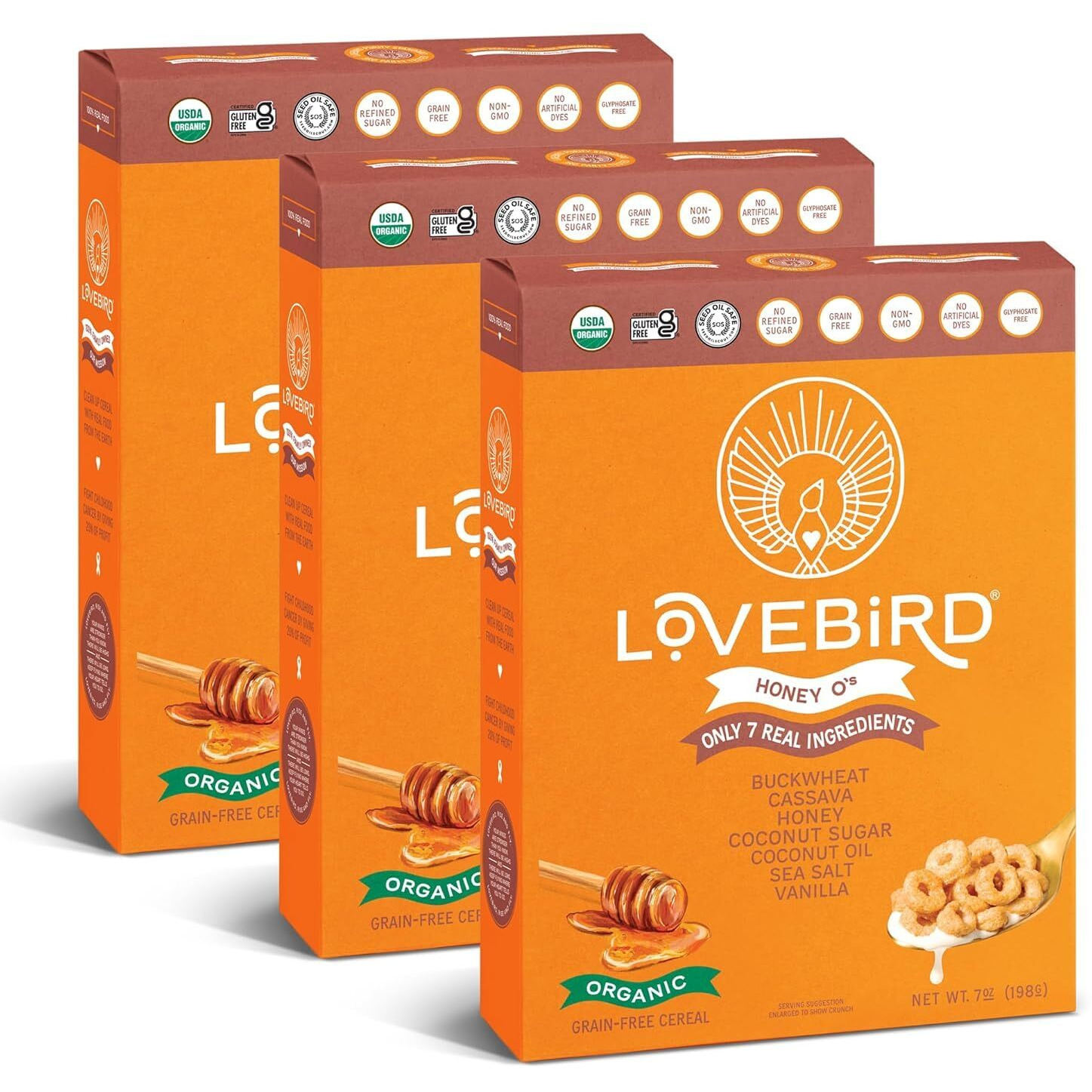 Lovebird Organic Gluten Free Cereal, Honey Flavor - Prebiotic Fiber, Gut Health, Low Sugar, Grain Free, Breakfast Or Snack - Healthy Cereal Made With Real Food, 3 Pack, Kids & Adults