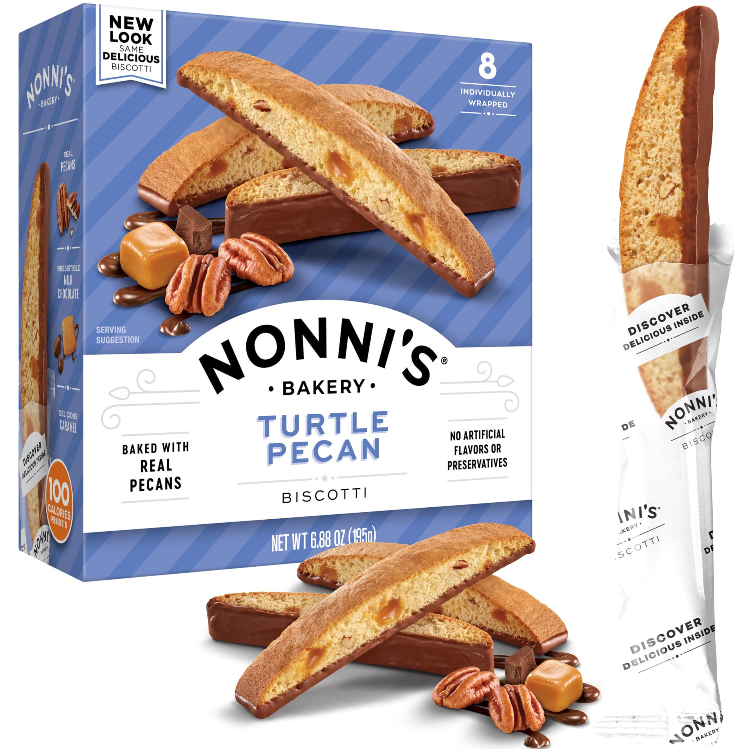 Nonni's Turtle Pecan Biscotti Italian Cookies - Caramel Pecan Cookies Dipped In Milk Chocolate - Butter Pecan Biscotti Individually Wrapped Cookies - All Natural Ingredients - Kosher - 6.88 Oz