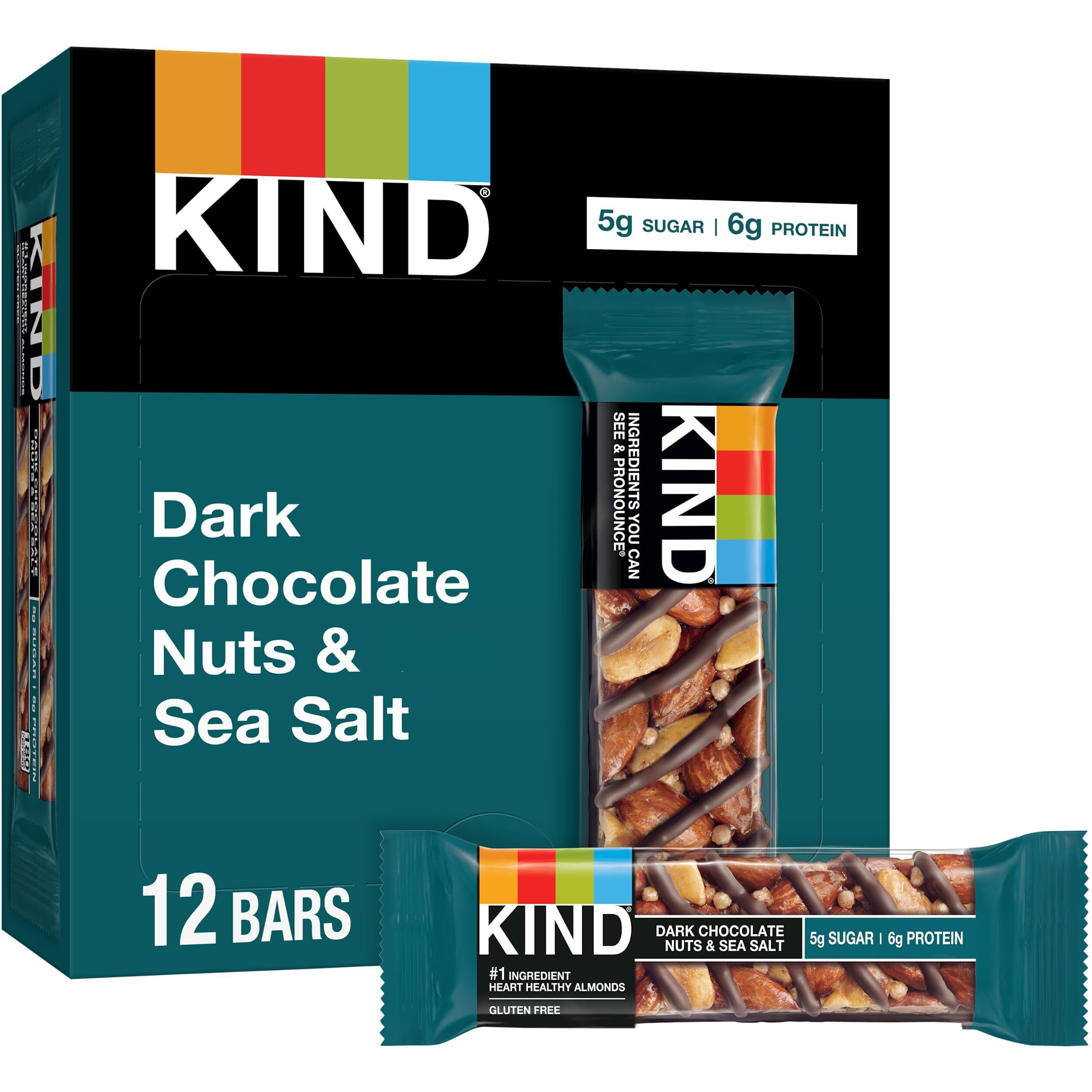 Kind Bars, Dark Chocolate Nuts And Sea Salt, Healthy Snacks, Gluten Free, Low Sugar, 6G Protein, 12 Count