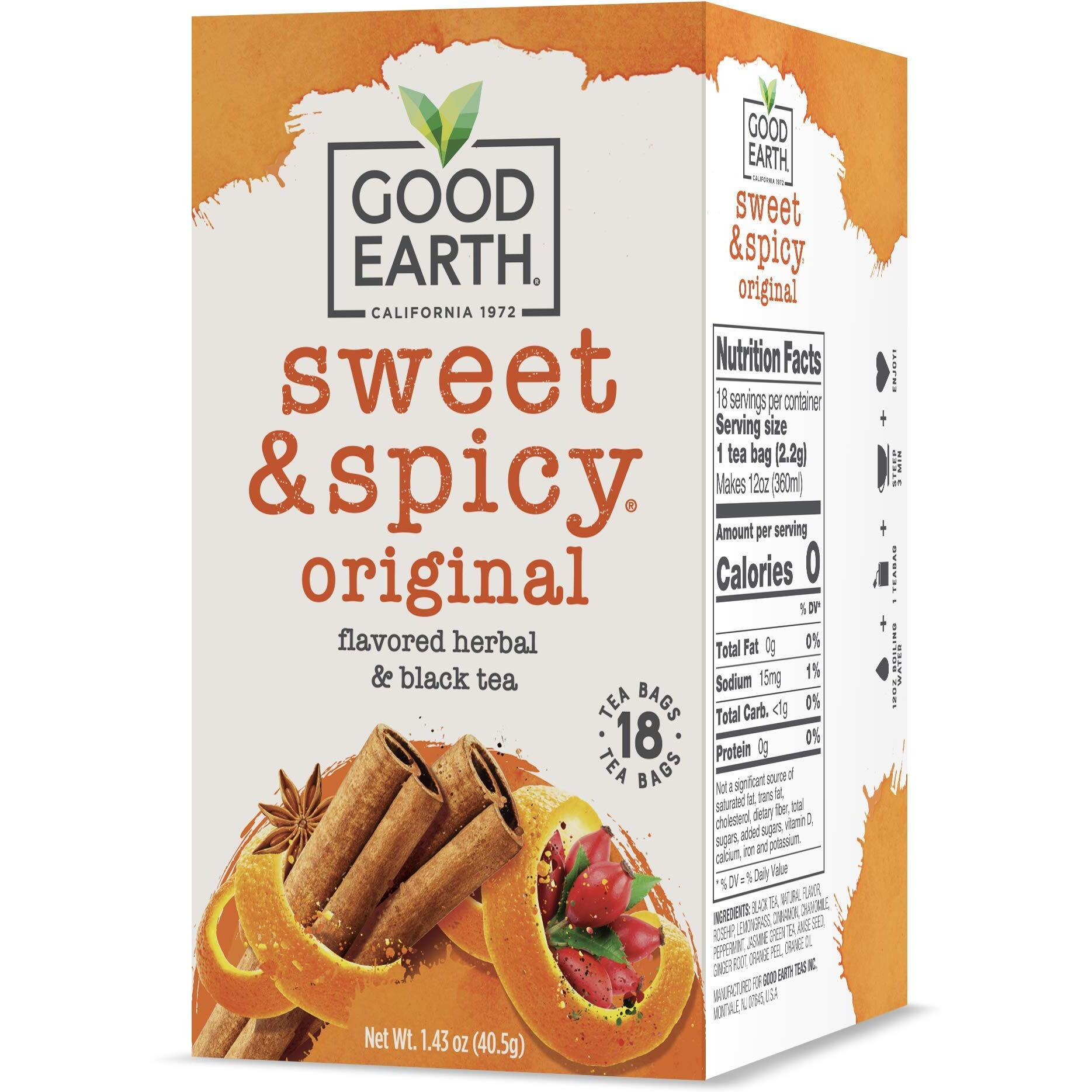 Good Earth Herbal & Black Tea, Sweet & Spicy, 18 Count (Pack Of 6) (Packaging May Vary)
