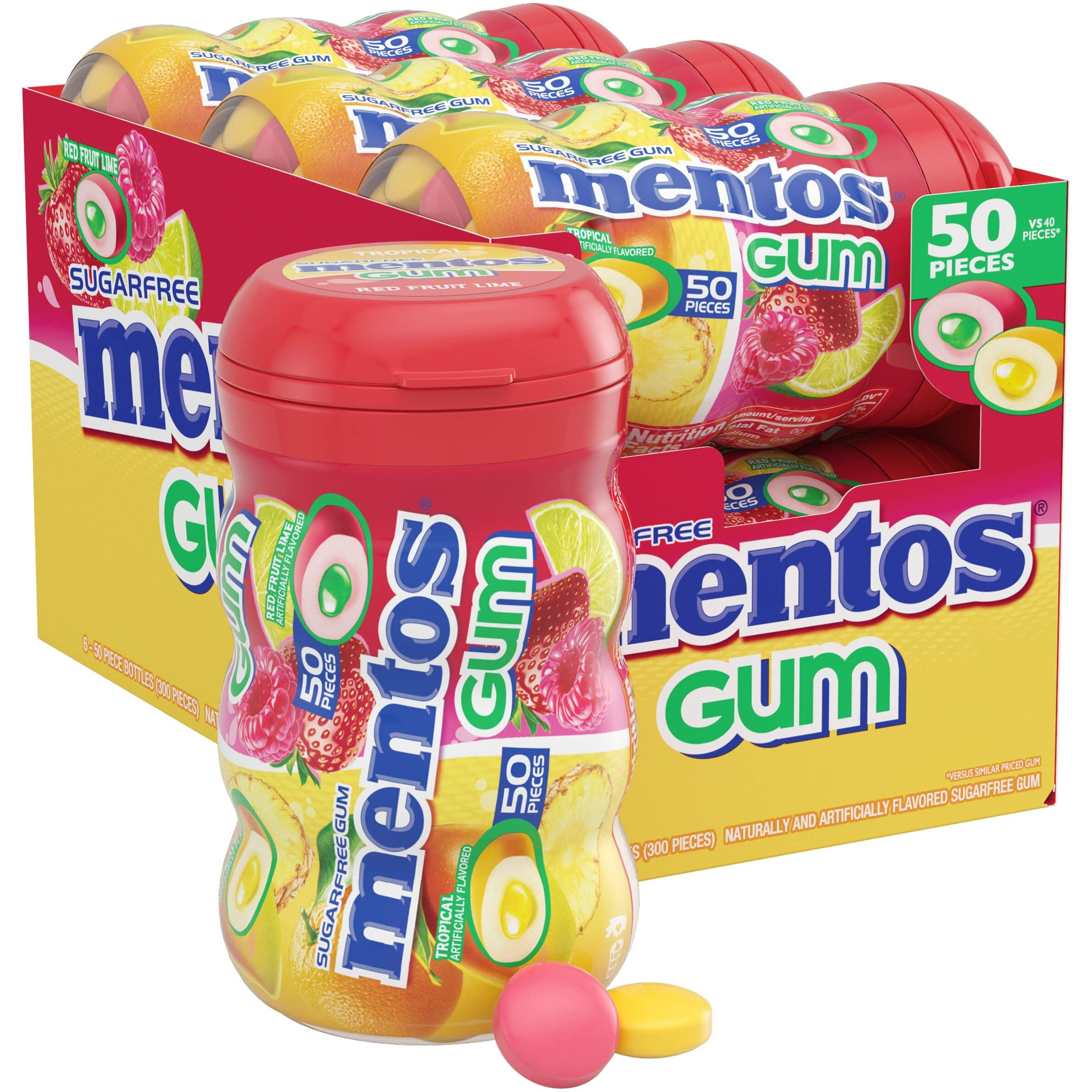 Mentos Sugar-Free Chewing Gum, Tropical, Red Fruit And Lime, Bulk, 50 Piece Bottle (Pack Of 6)