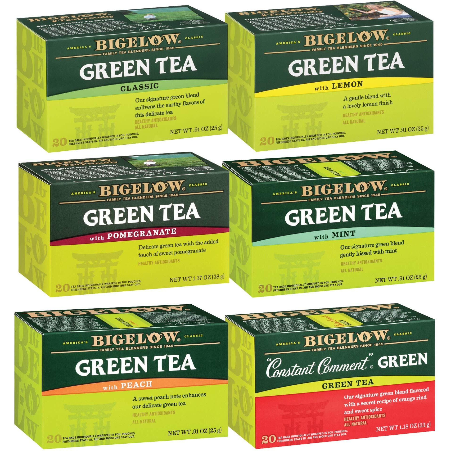 Bigelow Green Tea 6 Flavor Variety Pack, Caffeinated, 20 Count (Pack Of 6), 120 Tea Bags Total