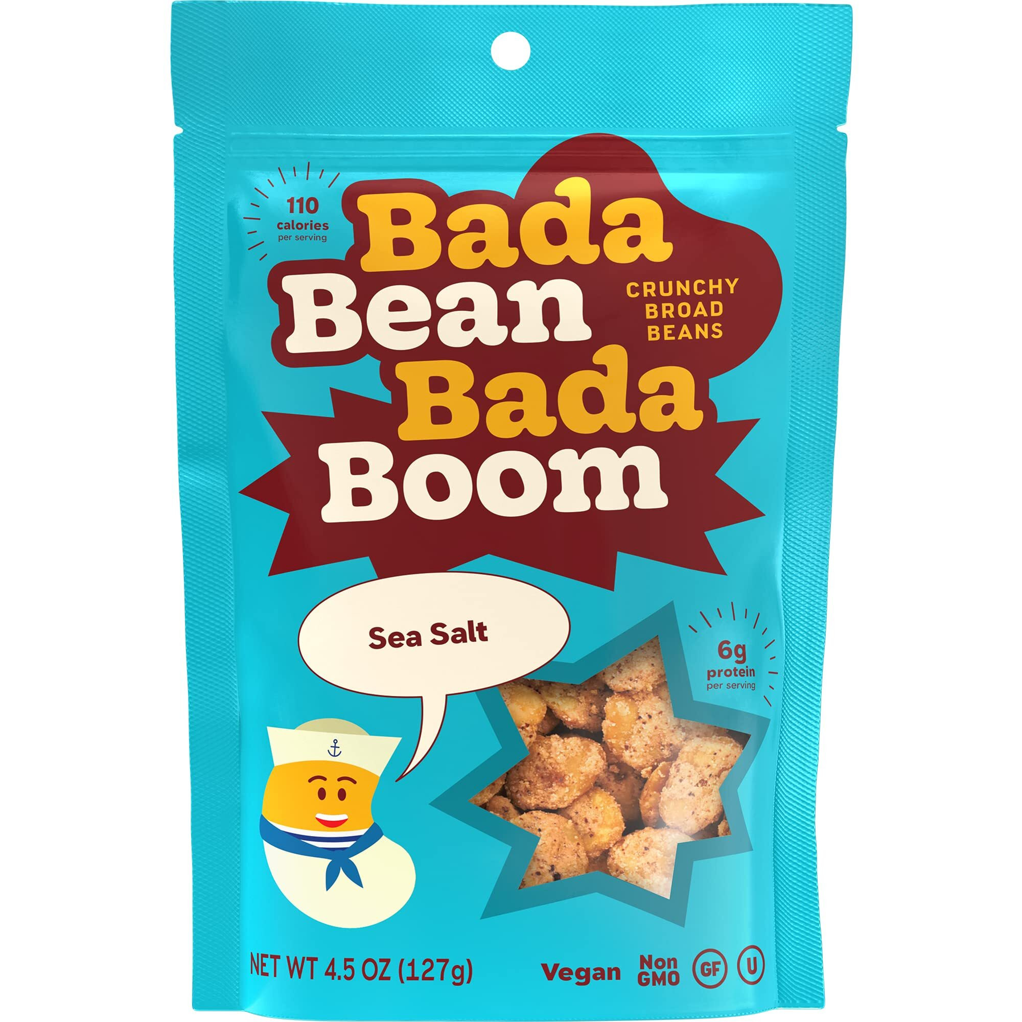 Bada Bean Bada Boom - Plant-Based Protein, Gluten Free, Vegan, Crunchy Roasted Broad (Fava) Bean Snacks, 100 Calories Per Serving, Sea Salt, 4.5 Ounce (Pack Of 6)