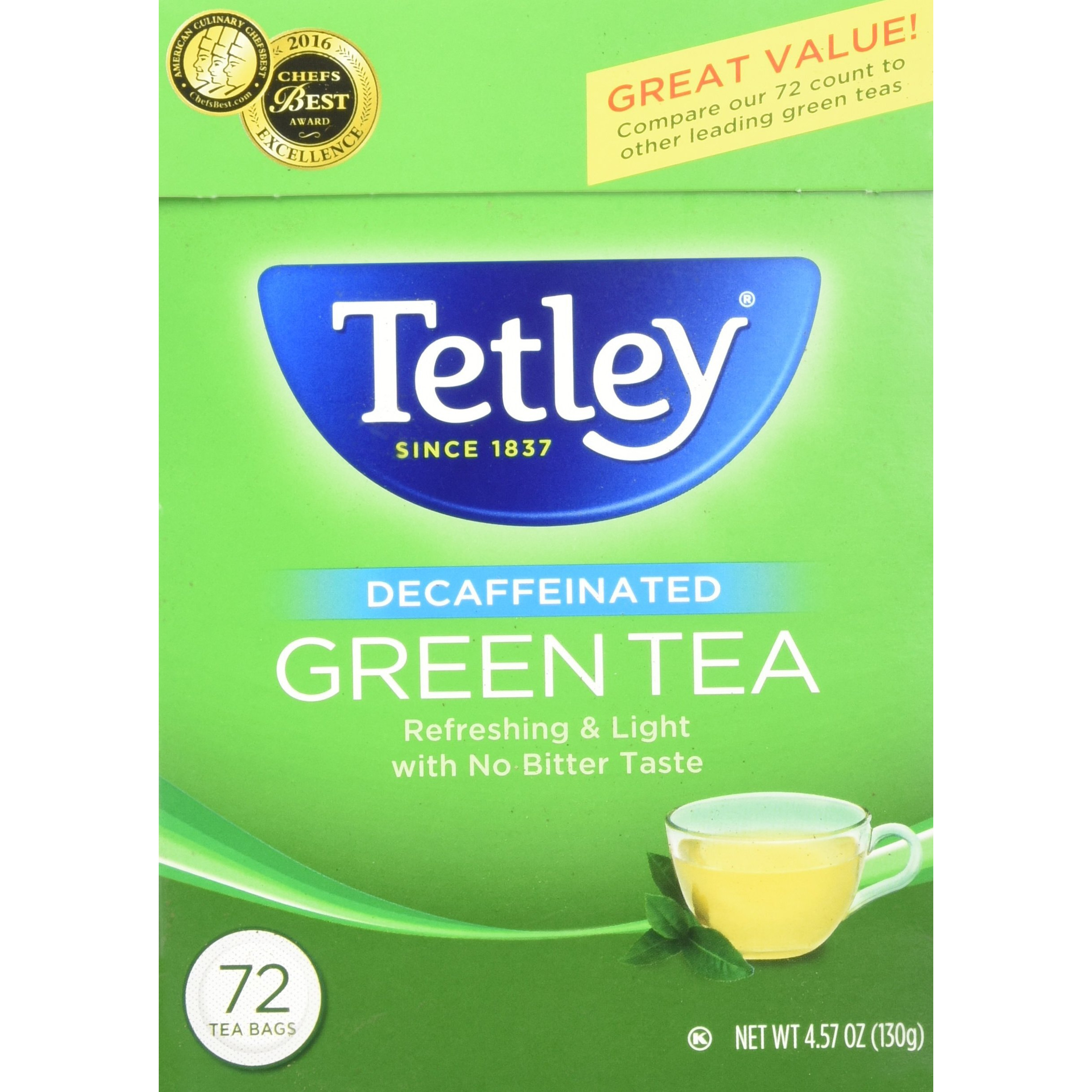 Tetley Green Tea, Decaffeinated - 72 Bags, 4.57 Oz Box