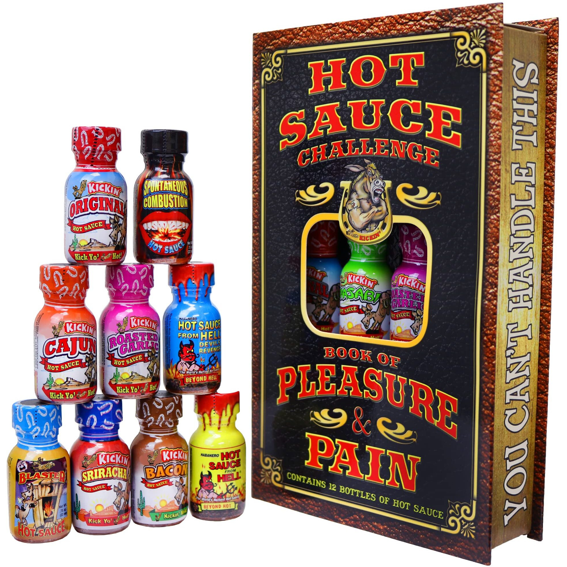 Hot Sauce Challenge Book Of Pleasure & Pain - 12 - 0.75 Ounce Bottles Gift Set - Perfect Premium Gourmet Hot Sauce Gift Set - Try If You Dare