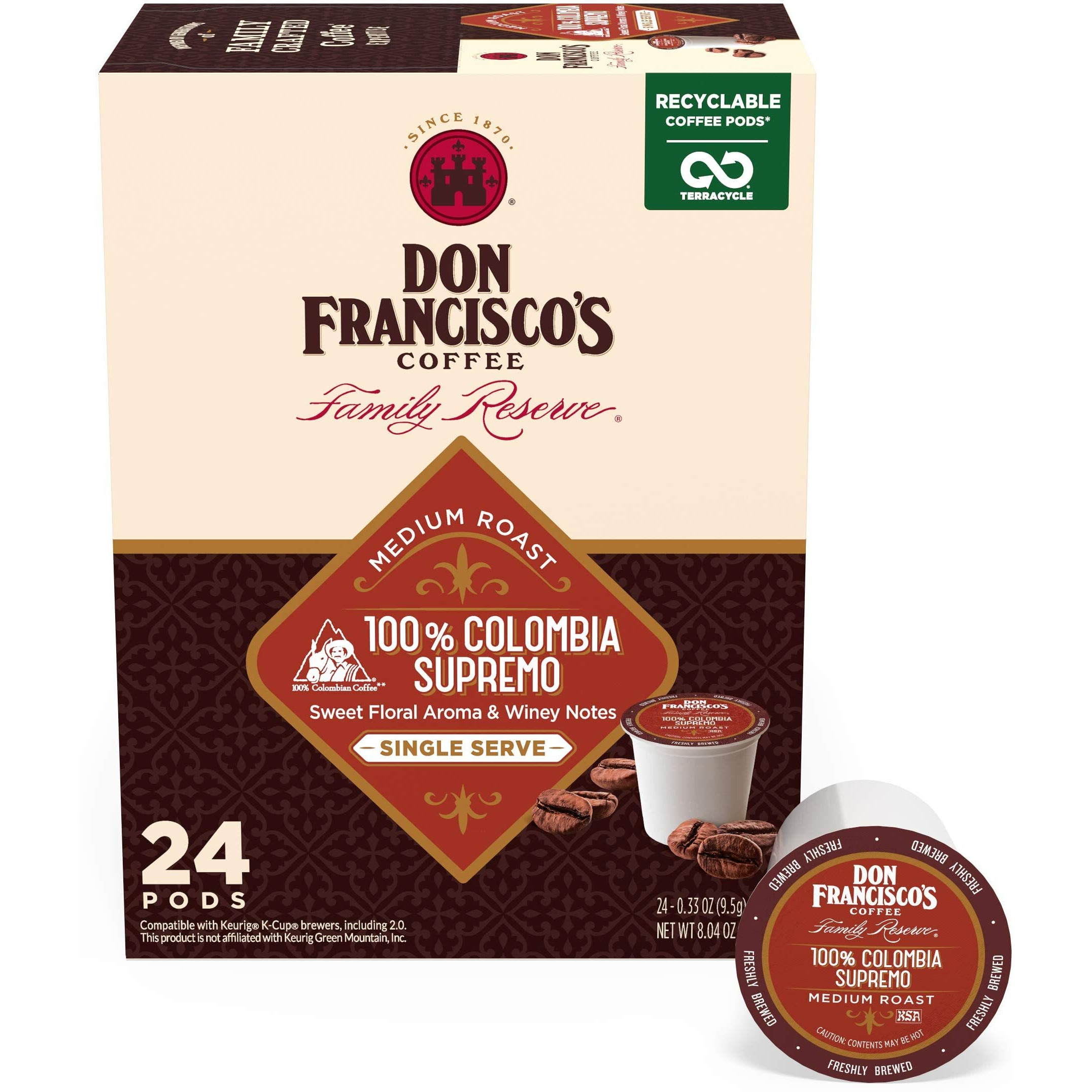 Don Francisco's Colombia Supremo Medium Roast Coffee Pods - 24 Count - Recyclable Single-Serve Coffee Pods, Compatible With Your K- Cup Keurig Coffee Maker