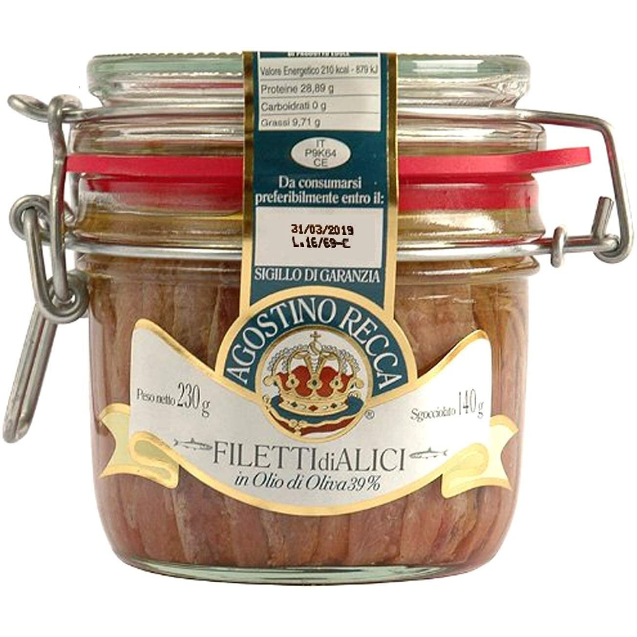 Agostino Recca Anchovies Fillets In Olive Oil - Wild Caught Fish From Italy - Anchovy Fillets For Pizza, Pasta, Salads (8.1 Oz)