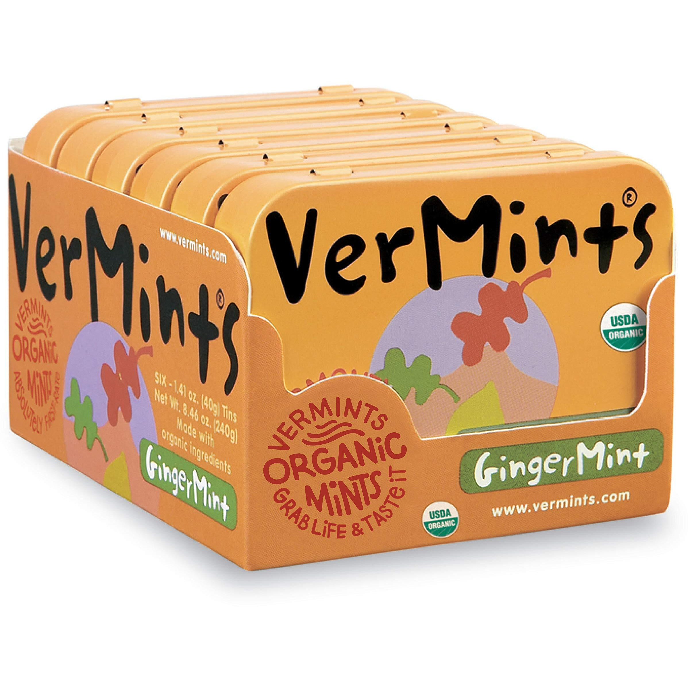 Organic Breath Mints By Vermints, Gingermint Flavor, All Natural, Non-Gmo, Nut Free, Gluten Free, Vegan, Ksa Kosher, Pack Of 6, 1.41Oz Tins