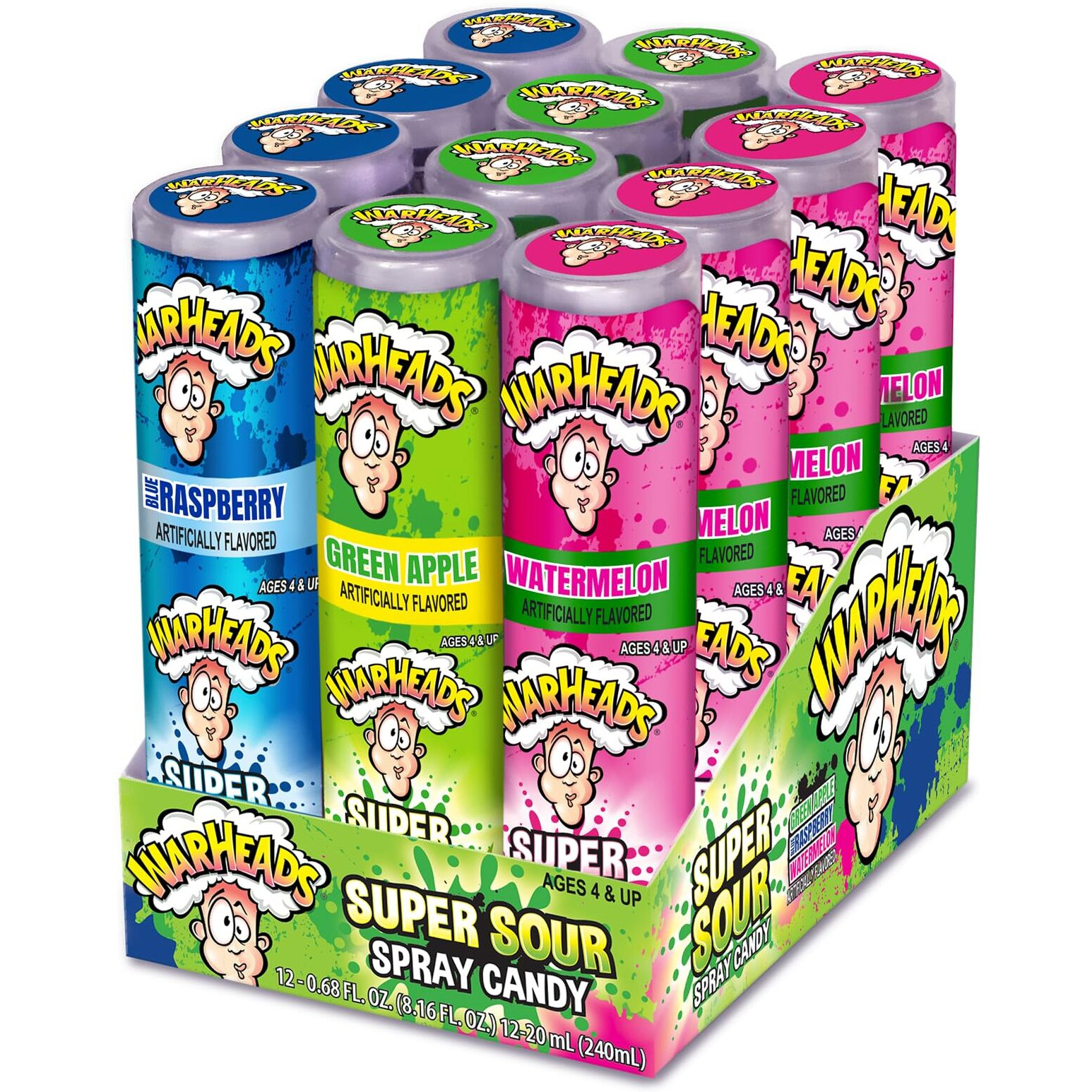 Warheads - Super Sour Candy Spray - Blue Raspberry, Green Apple And Watermelon Flavors - 0.68 Oz. Bottles - 12 Pack