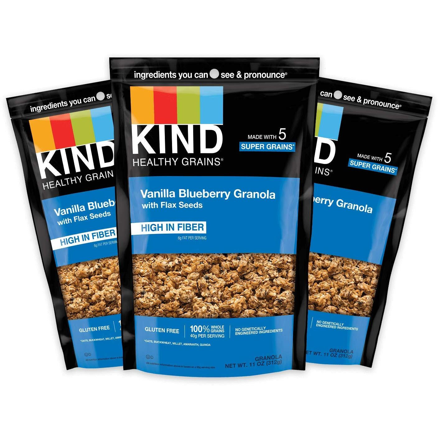Kind Healthy Grains Granola, Healthy Snack, Vanilla Blueberry Granola With Flax Seeds, Snack Mix, 3 Count, 33 Oz Total