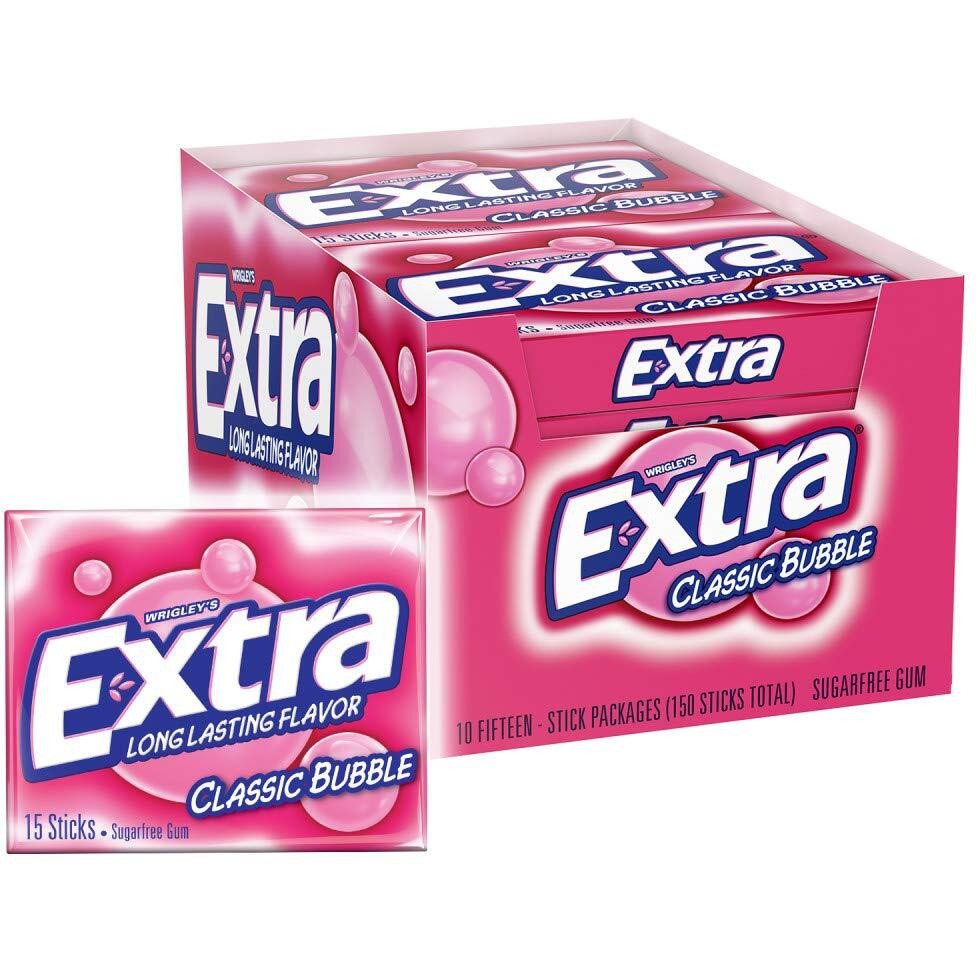Extra Classic Bubble Sugar Free Chewing Gum, 15 Count (Pack Of 10)