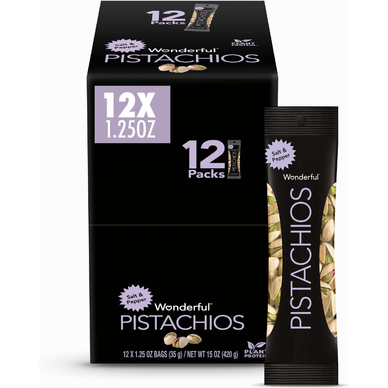 Wonderful Pistachios In Shell, Salt And Pepper Flavored Nuts, 1.25 Ounce Bag (Pack Of 12), Protein Snack, On-The-Go, Individually Wrapped Healthy Snack