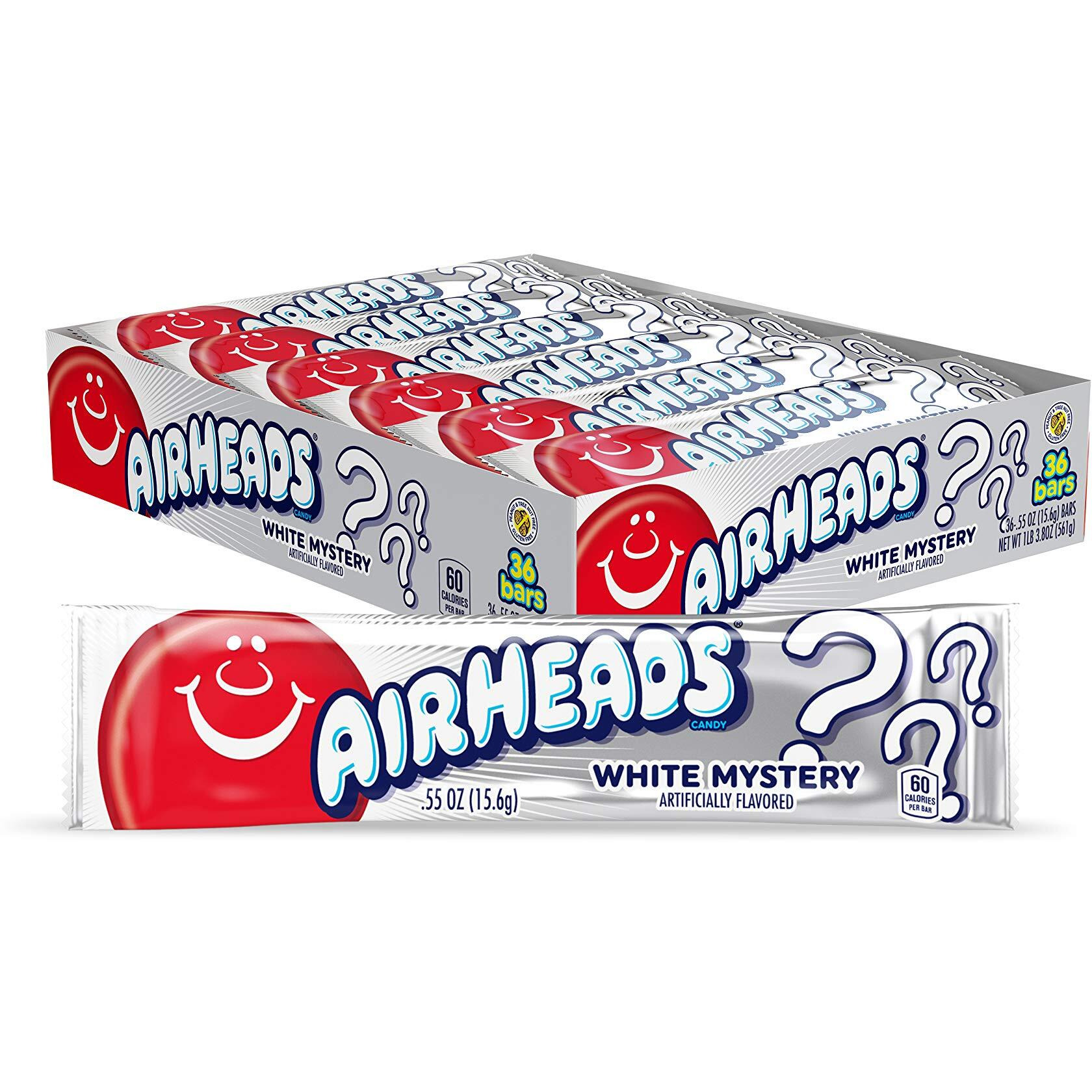 Airheads Candy, White Mystery Flavor, Individually Wrapped Full Size Bars, Taffy, Non Melting, Party, Pack Of 36 Bars