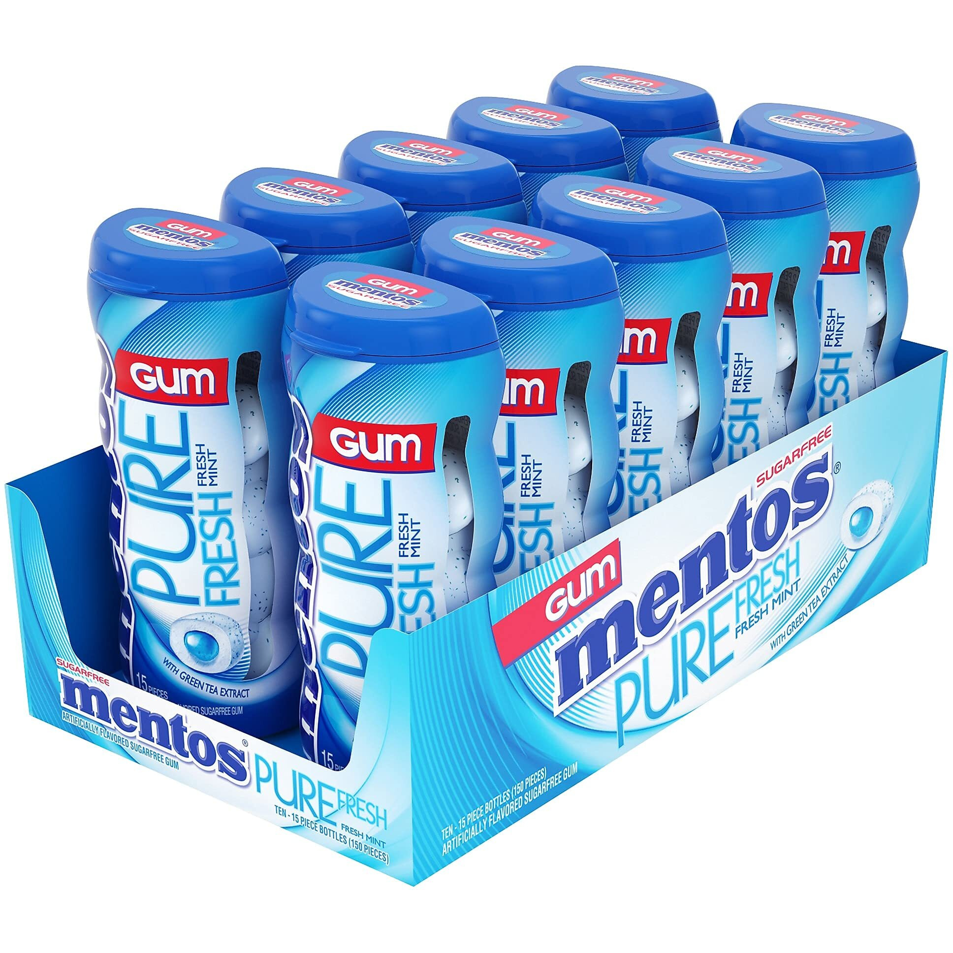 Mentos Pure Fresh Sugar-Free Chewing Gum With Xylitol, Fresh Mint, 15 Piece Bottle (Bulk Pack Of 10)